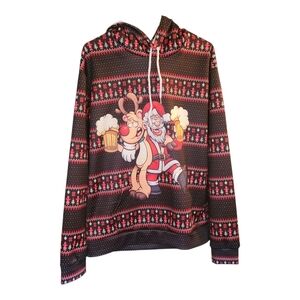 UGLY CHRISTMAS SWEATER - Black & Red All Over Graphic Print Santa Reindeer Beer